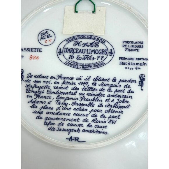 Henri D’Arceau Limoges Vintage Plate 1977 Lafayette Benjamin Franklin Message Fr - Picture 13 of 14